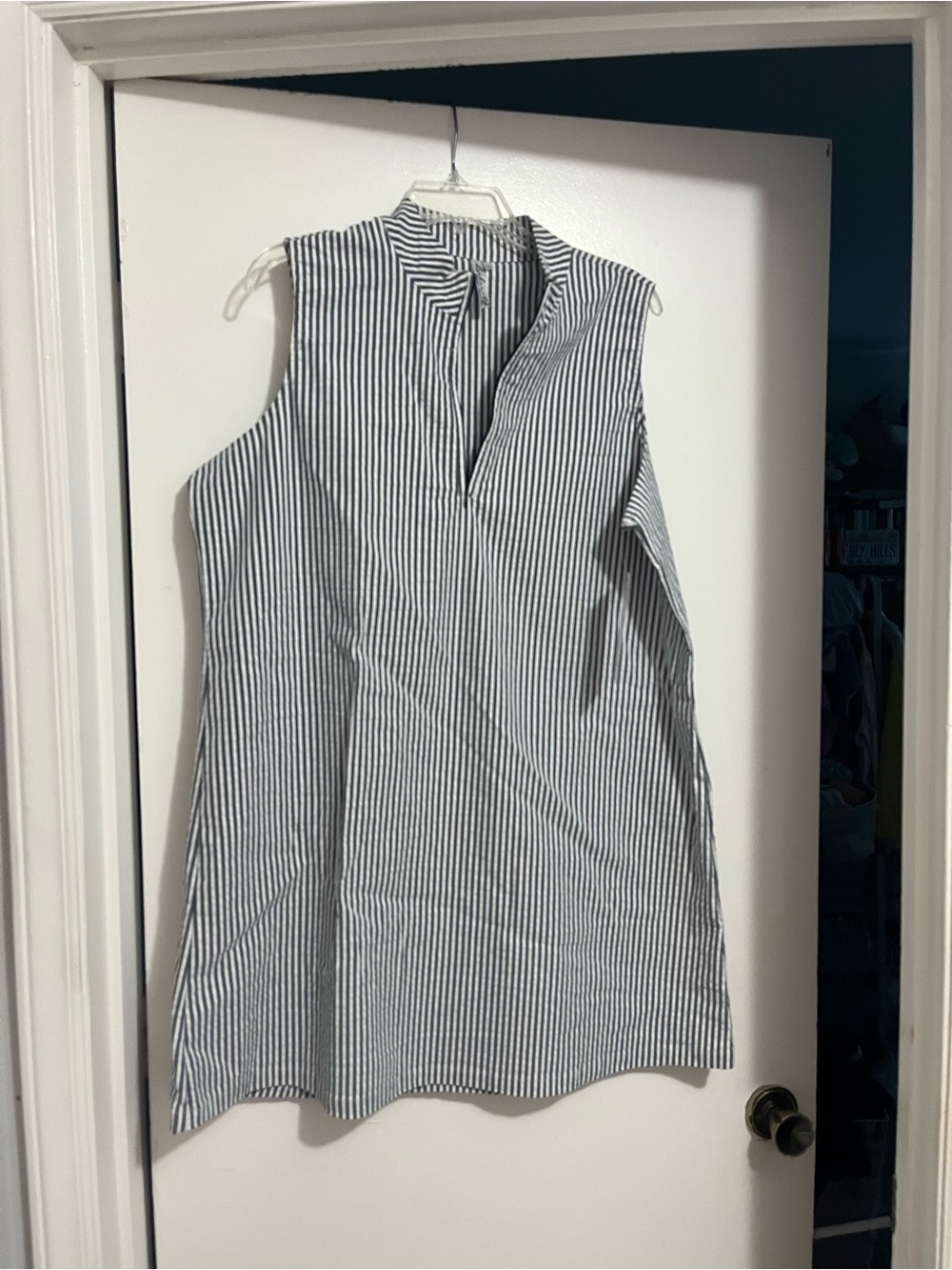 Sleeveless Navy Stripe V-Neck Cotton Sear Sucker Dress